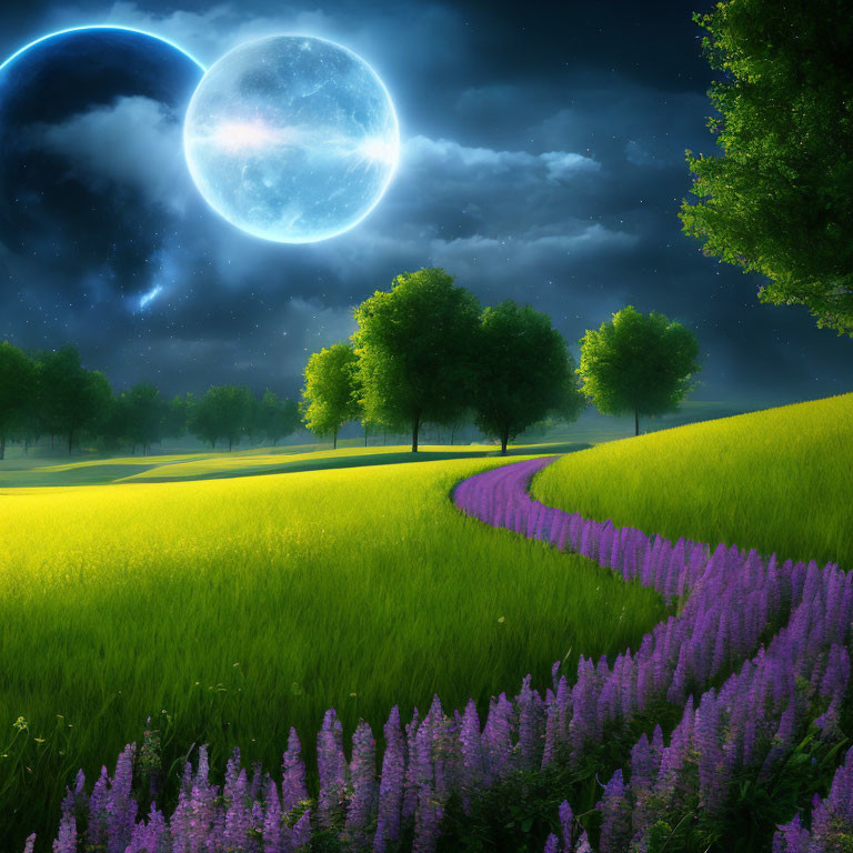 Vibrant night scene: large moon, yellow grass, purple flowers, trees, starry sky