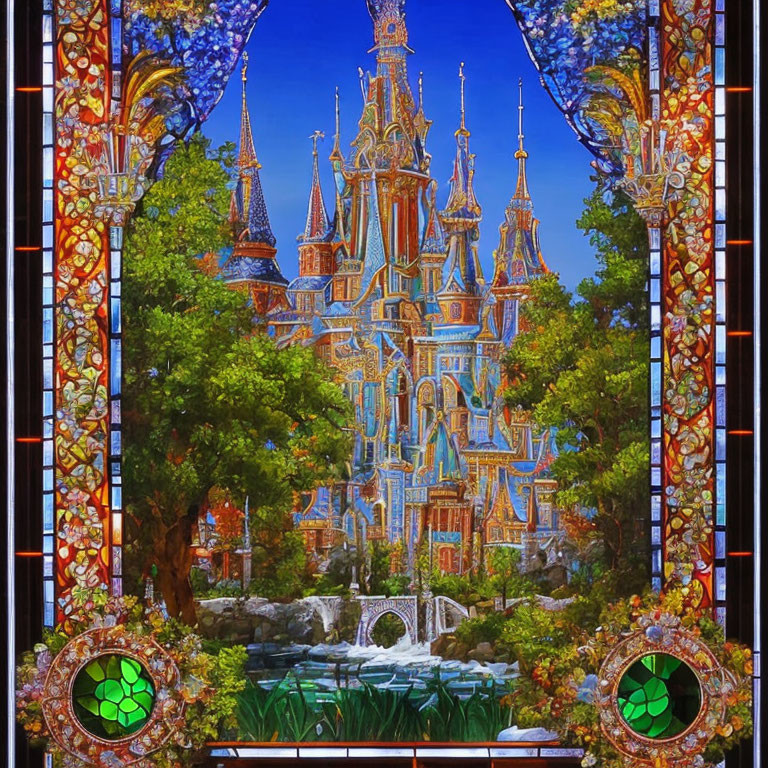 Colorful stained glass window with castle, greenery, waterfall, floral patterns, and gem-like accents