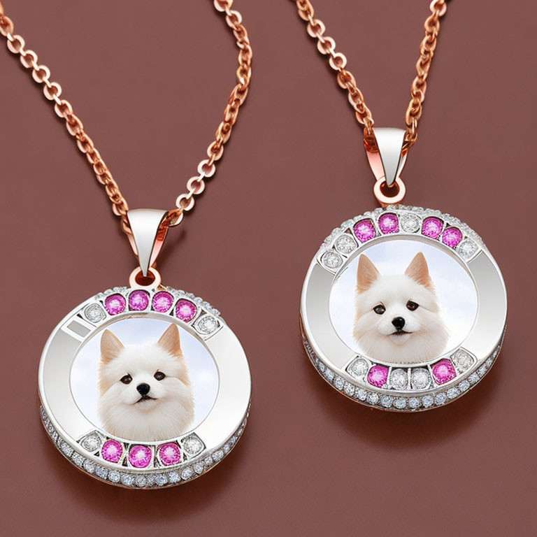 Circular white dog pendants with gemstones on rose gold chains on brown background