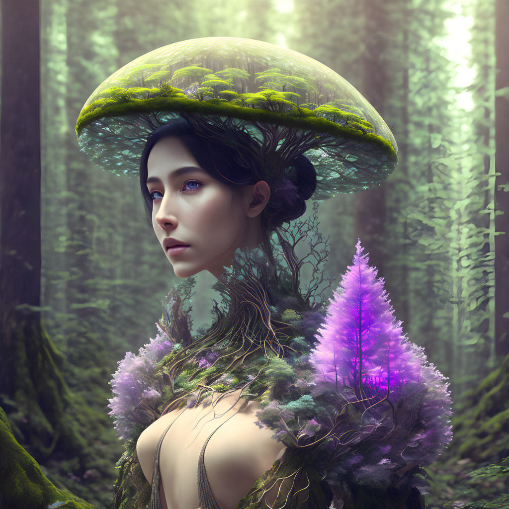 Fantasy portrait of female with mushroom headpiece, mossy textures, and glowing purple tree.