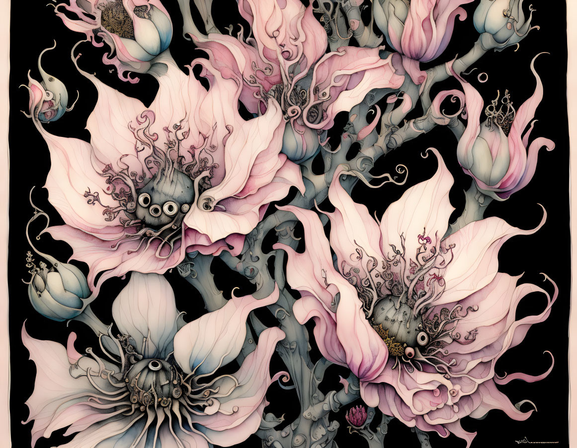 Intricate Artwork: Pink Flowers & Gray Octopus Tentacles on Black Background