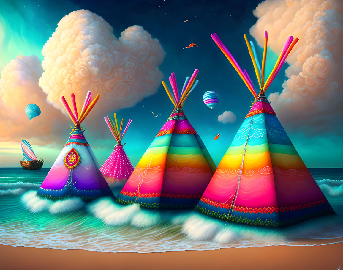 Vibrant Teepees on Sandy Beach with Floating Islands and Hot Air Balloons