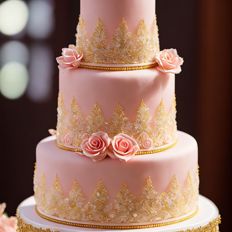 Pink Tiered Cake with Gold Lace Patterns and Pink Roses on Dark Background