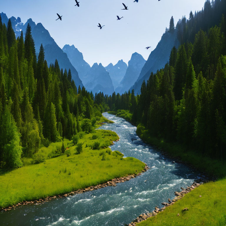 Scenic river valley with birds and mountains in clear sky