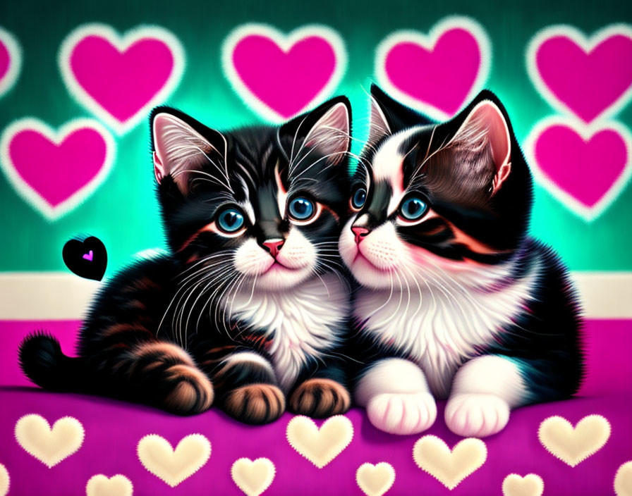 Illustrated Kittens with Large Blue Eyes Among Colorful Hearts