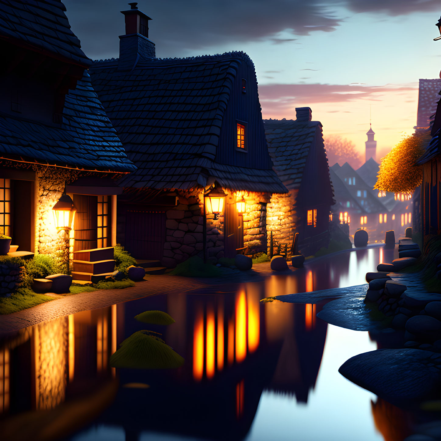Picturesque cobblestone village at dusk with illuminated houses by a serene canal under twilight sky