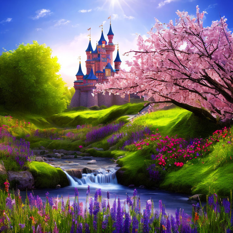 Colorful fairytale castle in lush landscape with cherry trees and stream