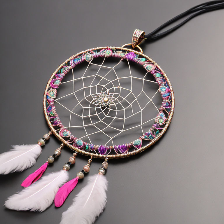 Colorful Dreamcatcher with Beads and Feathers on Grey Background