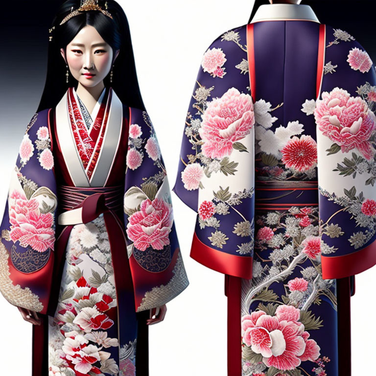 Traditional Japanese kimono with floral patterns on elegant fabric