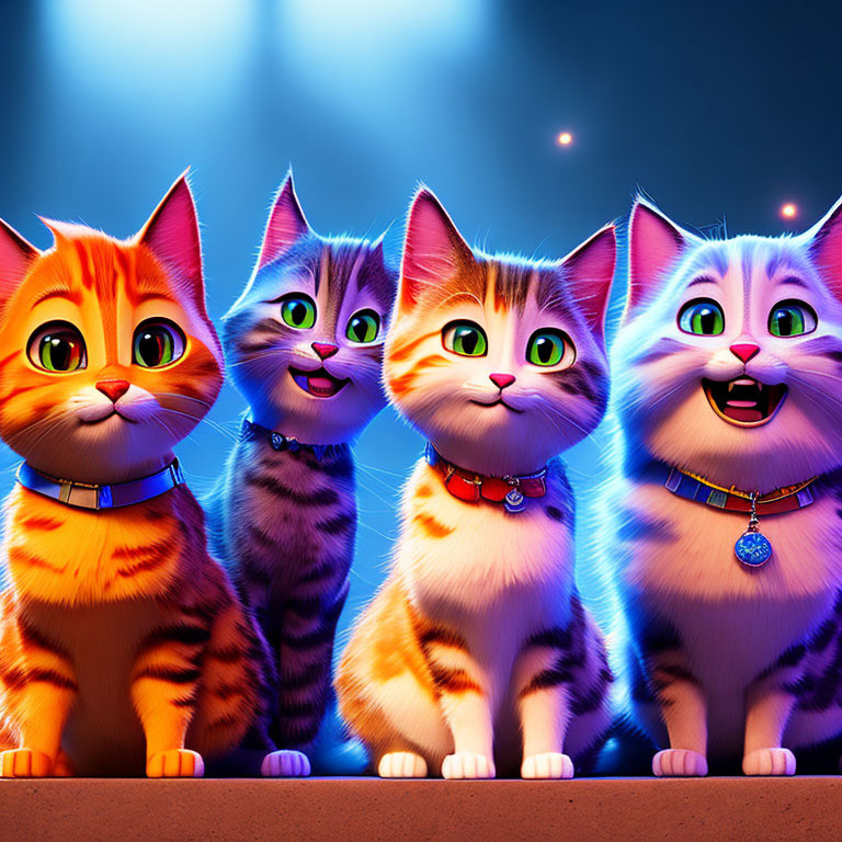 Four animated cats with big expressive eyes wearing collars, standing in awe under dramatic blue light.