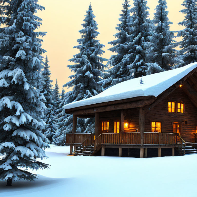 Snow-covered pine trees surround cozy illuminated wooden cabin at twilight