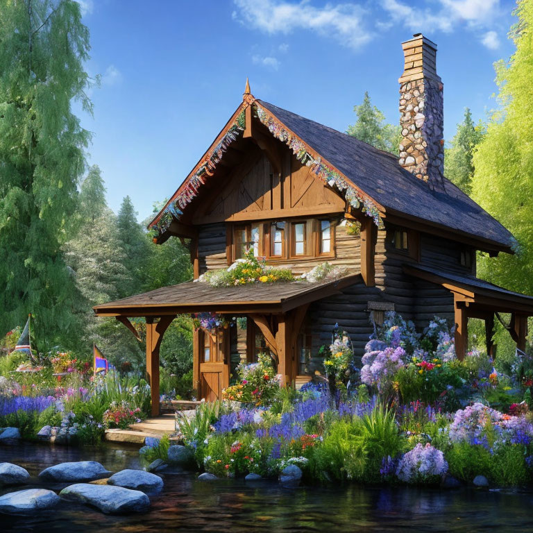 Rustic wooden cabin with stone chimney in serene garden setting