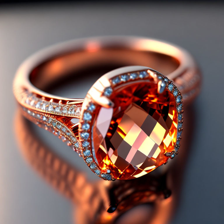Rose Gold Ring with Amber Gemstone and Diamonds on Soft-focus Background