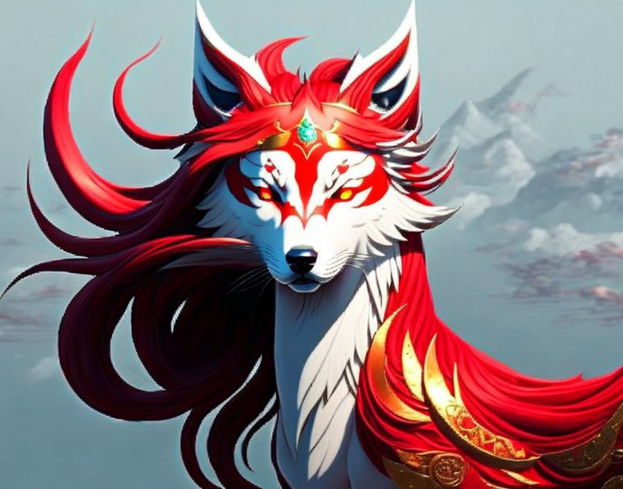 Majestic fox illustration with red and white fur, flowing mane, and golden headpiece