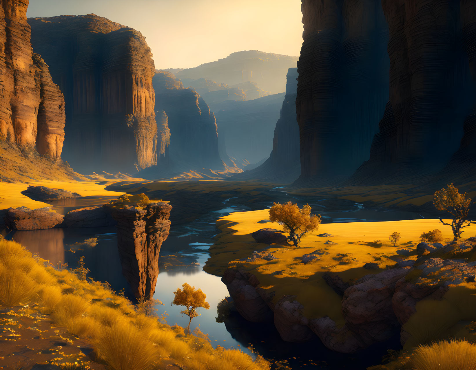 Serene canyon with towering cliffs and reflective water