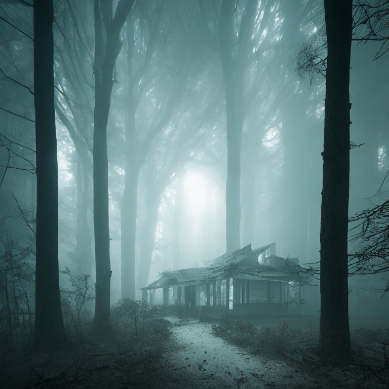 Abandoned house in foggy forest with spooky trees
