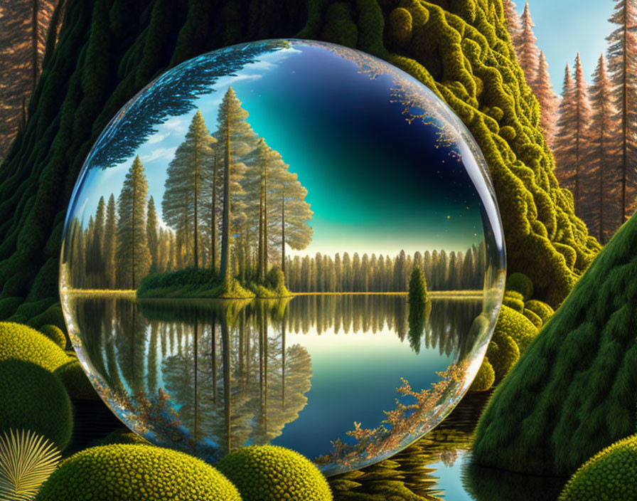 Surreal landscape: Trees reflected in lake within transparent sphere