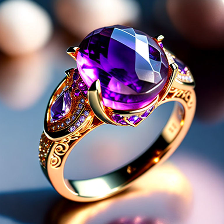Gold ring with large purple gemstone and pink accents on decorative band