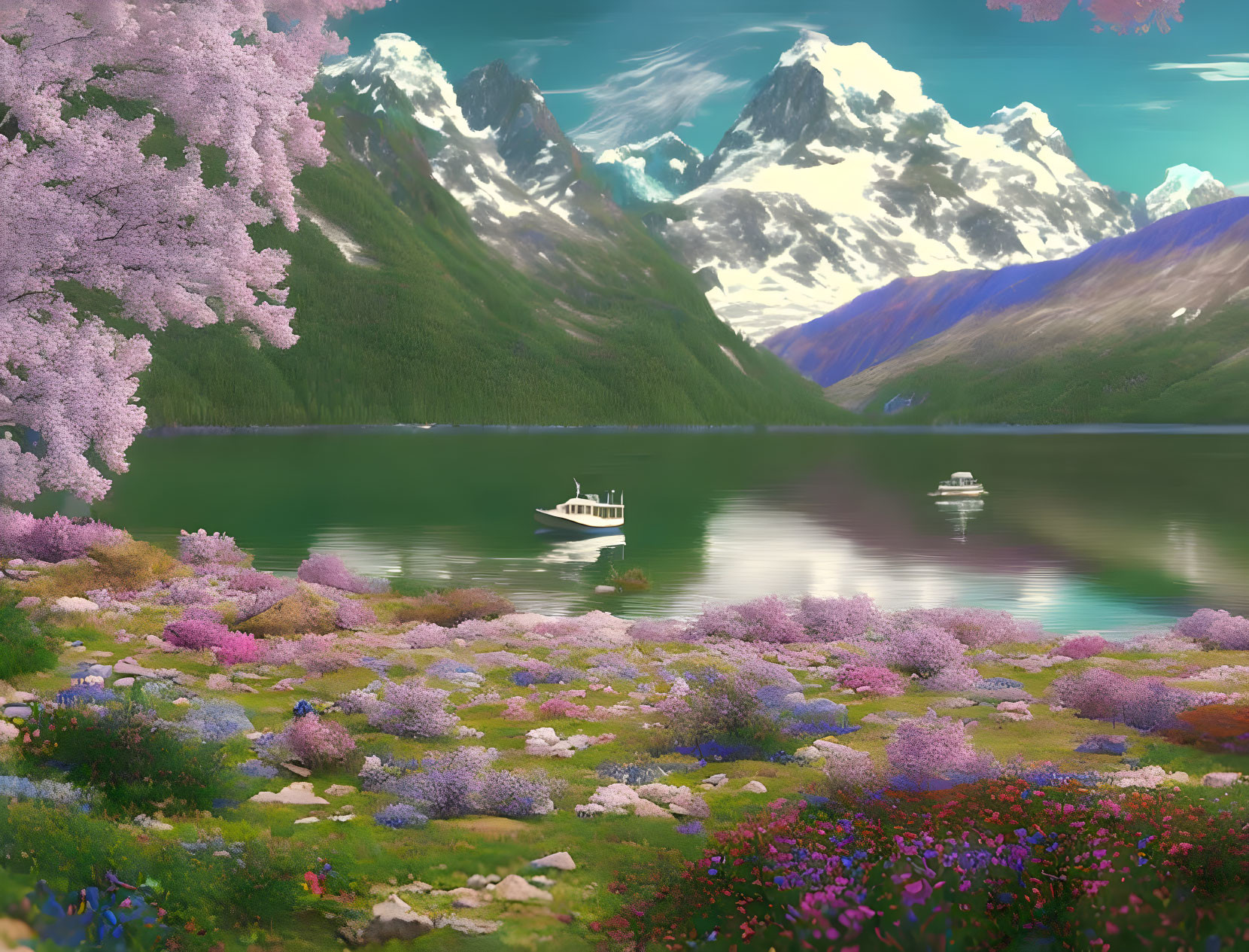 Tranquil lake with blooming flowers, boats, and snow-capped mountains