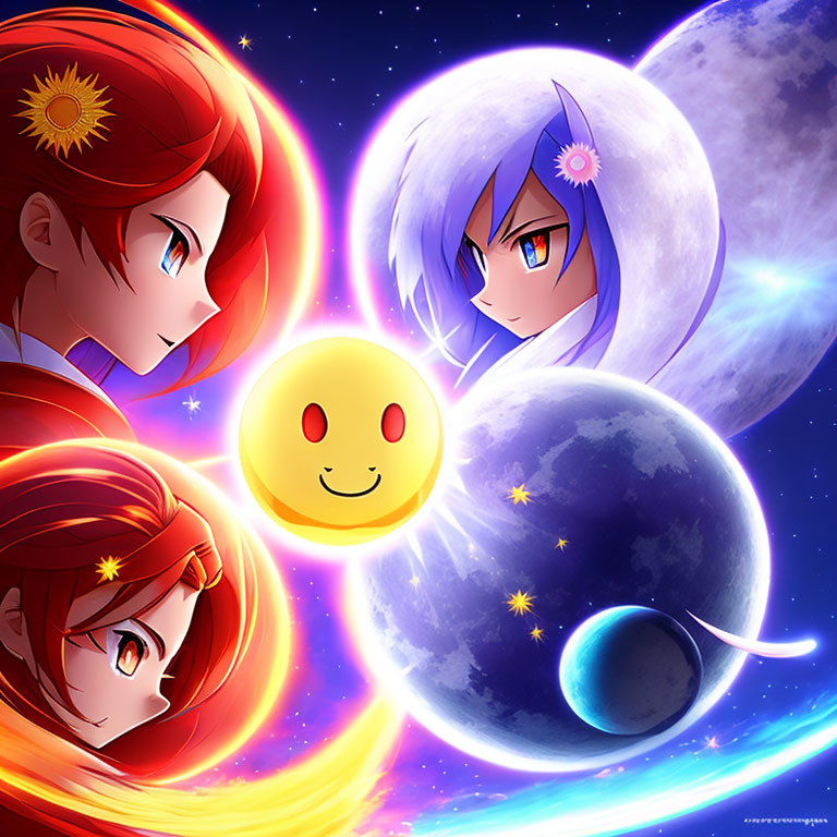 Colorful artwork: two stylized female characters with planet-themed designs and smiling sun in cosmic setting.