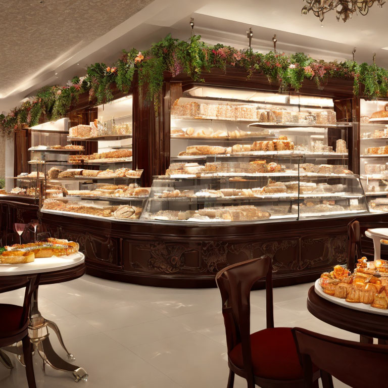 Bakery interior with glass display cases and wooden decor