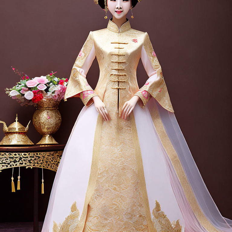 Traditional Chinese dress with golden embroidery and sheer cape next to vase and teapot.