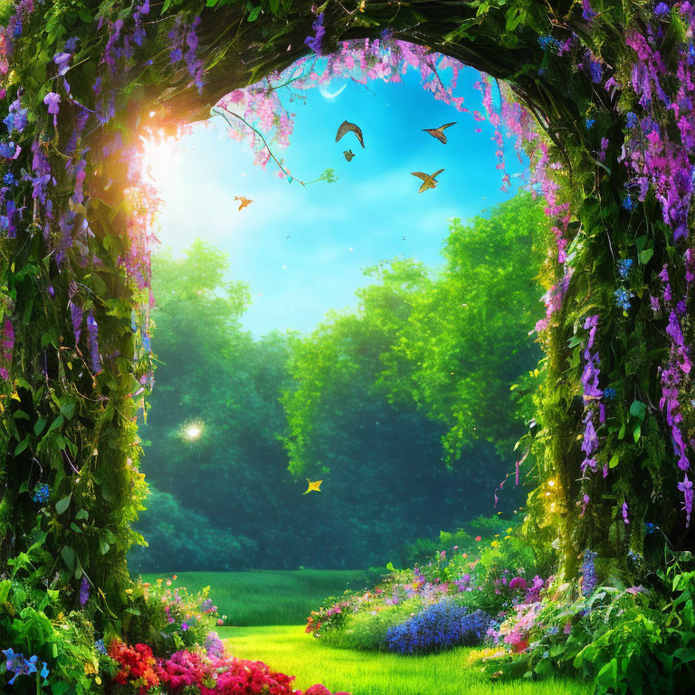Flowering Vine Archway in Vibrant Garden with Blooming Flowers