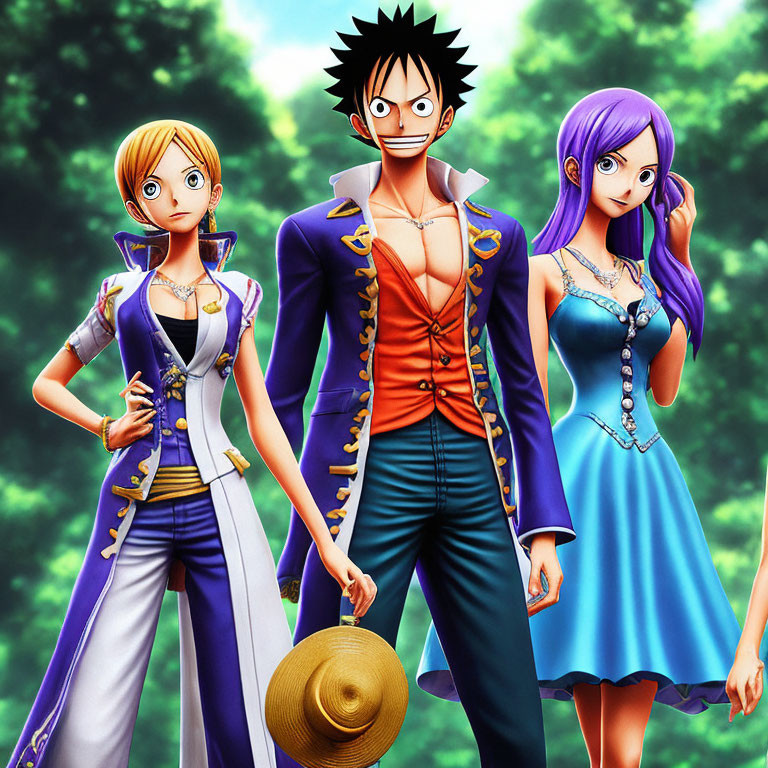Three animated characters in forest setting: male in blue suit, flanked by two females in dresses