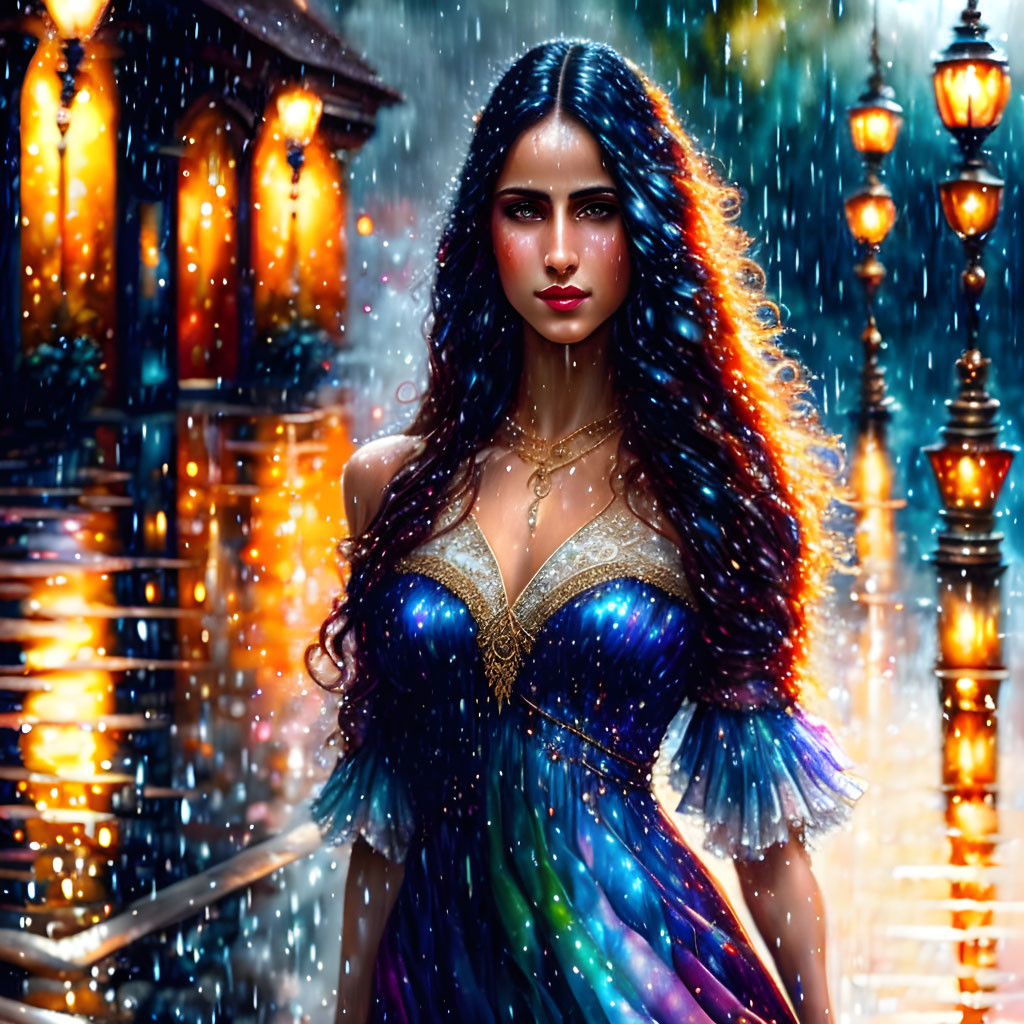 Woman with Long Flowing Hair in Multicolored Dress on Rainy Street