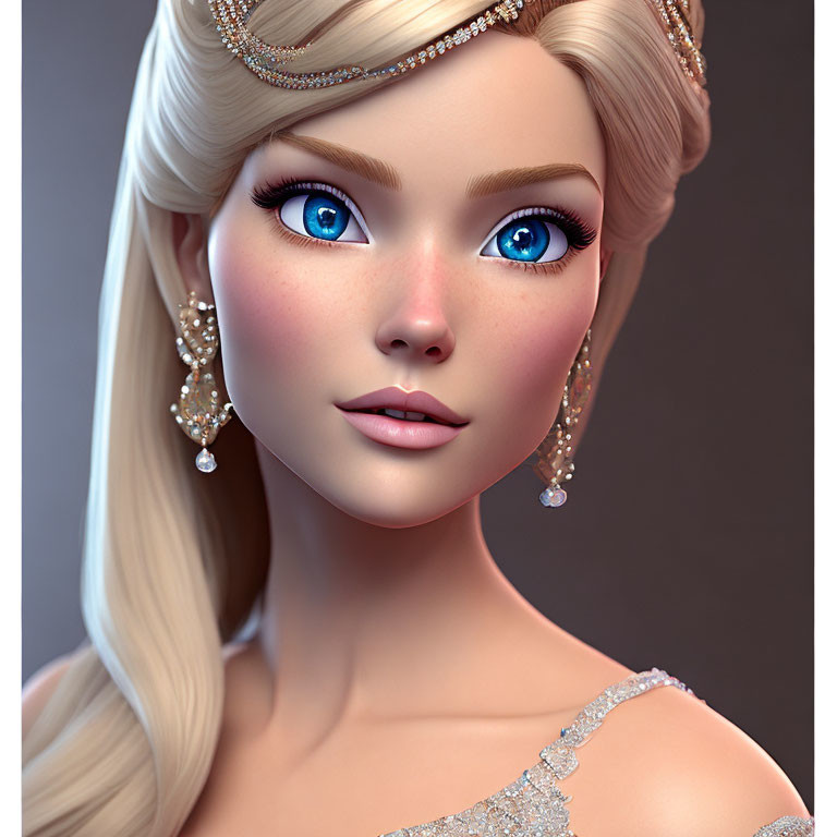 3D-rendered female character with blue eyes, blonde hair, tiara, and earrings