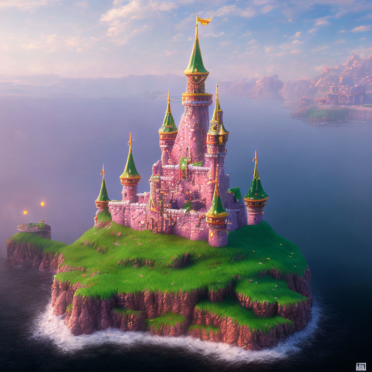 Majestic castle with spires on misty island at dawn or dusk