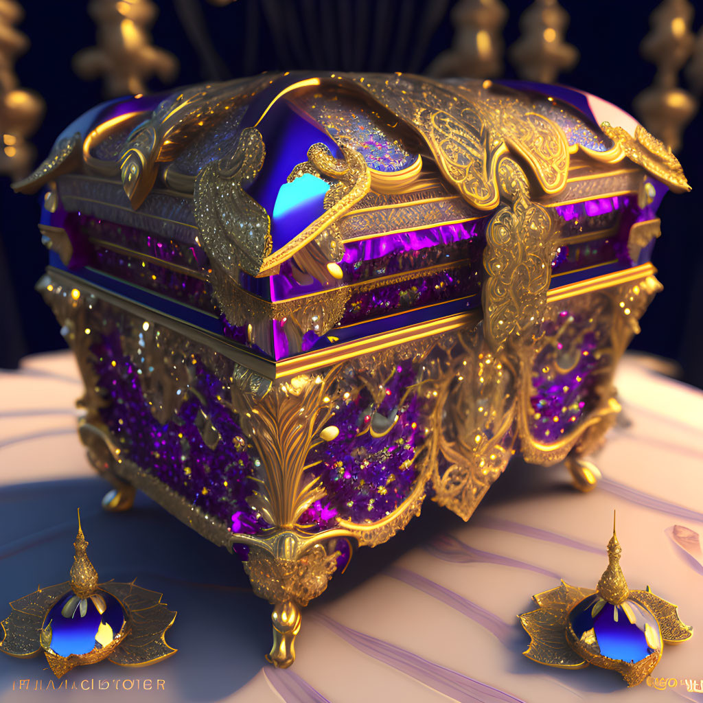 Golden treasure chest with purple jewels on blurred background