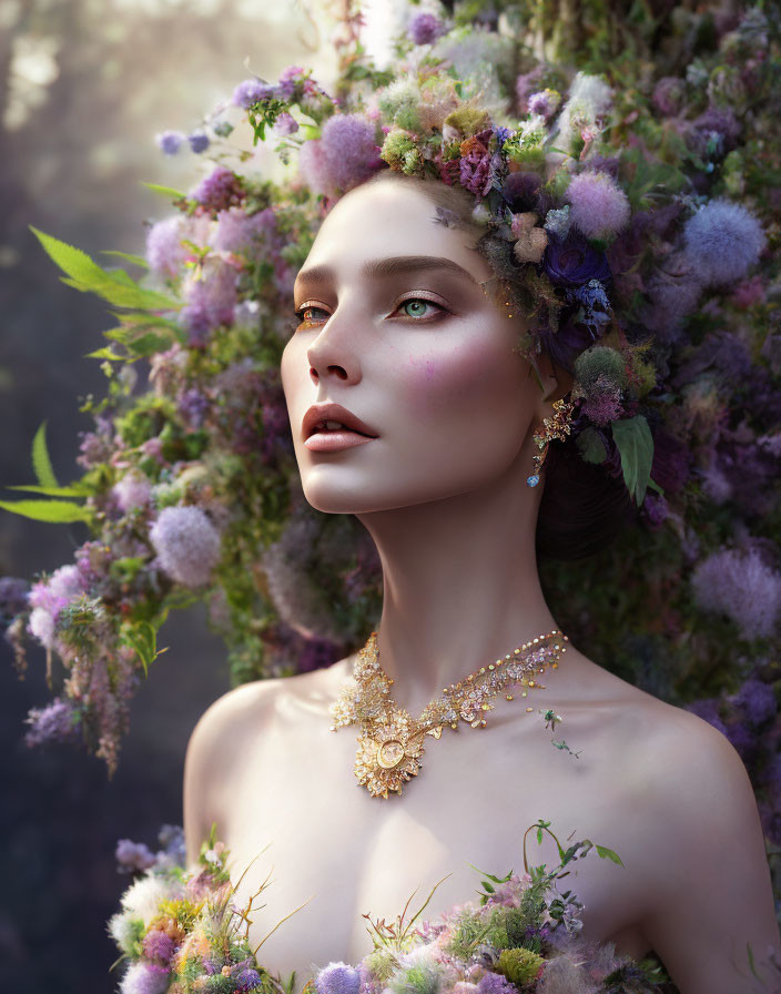 Woman with floral headdress in dreamy backdrop