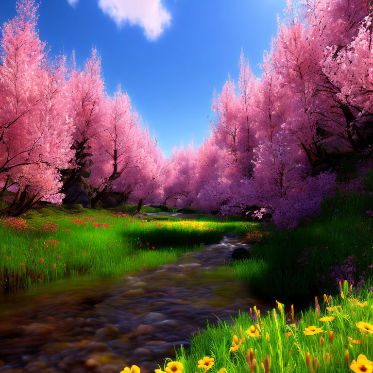 Lush cherry blossom stream under blue sky