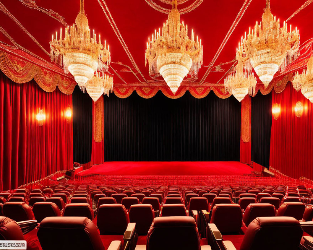Luxurious Theater Interior with Red Seats and Golden Chandeliers