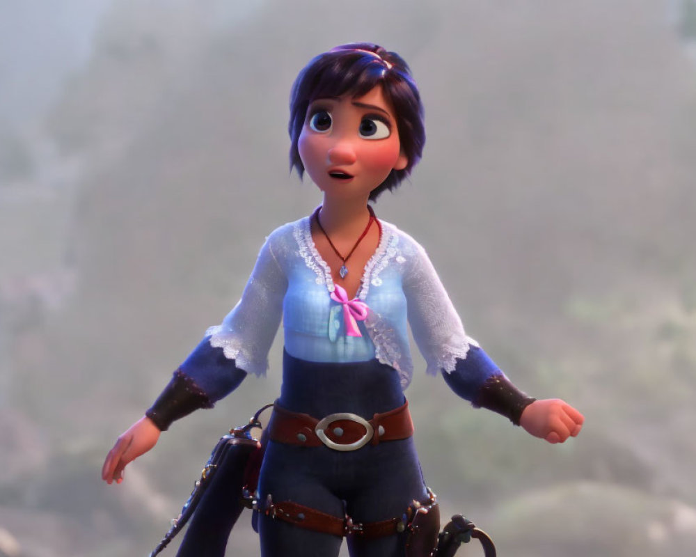 Short-haired female character in blue shirt and corset, with surprised expression.