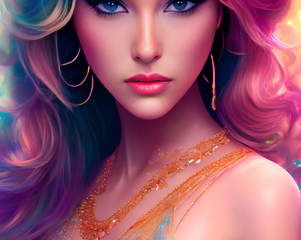 Digital artwork: Woman with purple eyes, golden earrings, shimmering attire, colorful backdrop