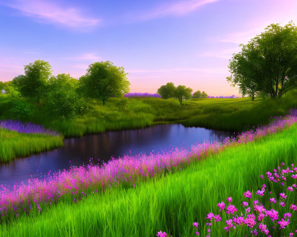 Tranquil landscape with stream, green grass, pink wildflowers, and clear dusk sky