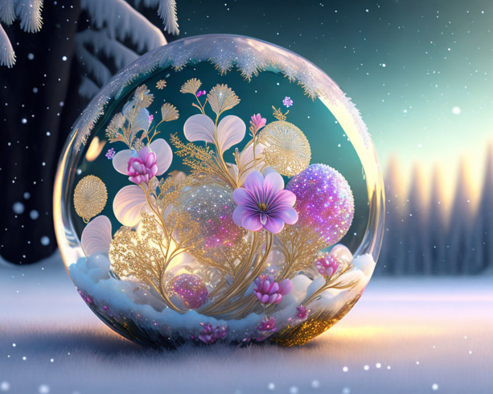 Snow globe with vibrant flowers and glitter on tranquil winter night landscape