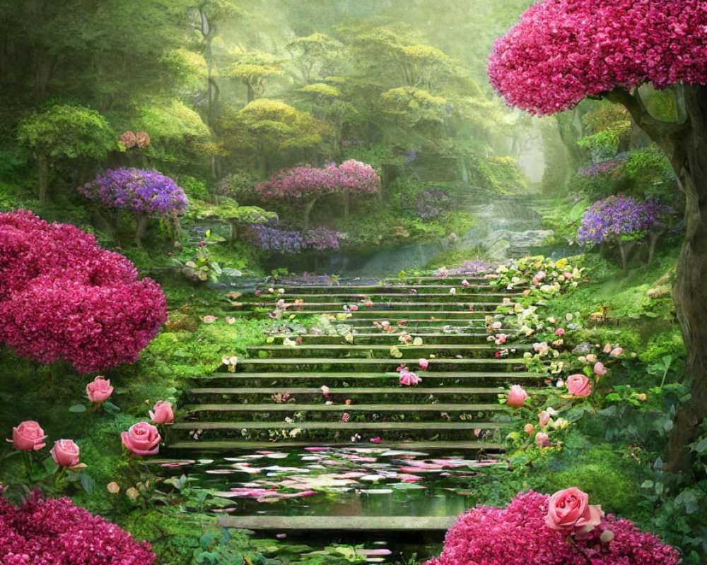 Tranquil garden with pink and purple flowers, stone stairway, and serene pond