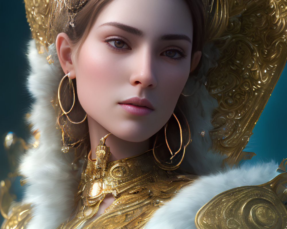 Digital art portrait of woman in gold headdress and armor with white fur collar