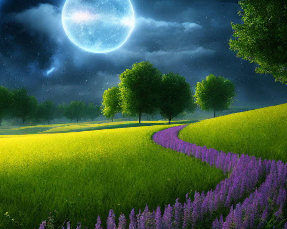 Vibrant night scene: large moon, yellow grass, purple flowers, trees, starry sky