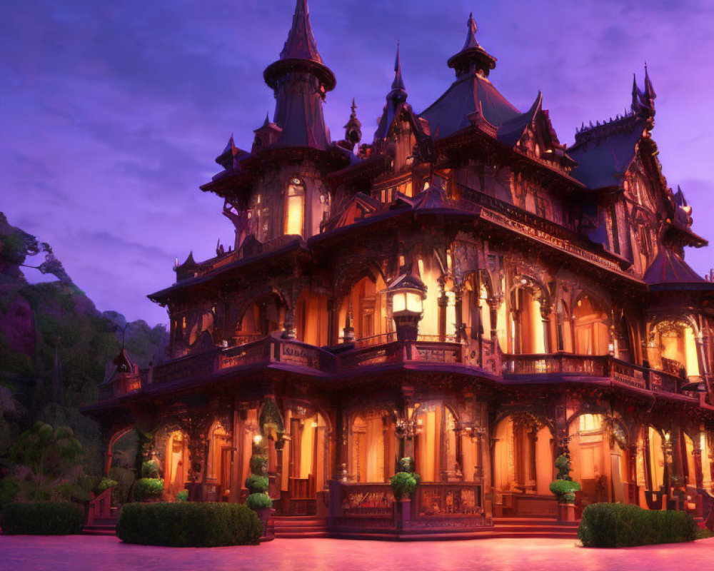 Gothic-style mansion with illuminated windows and spires at twilight