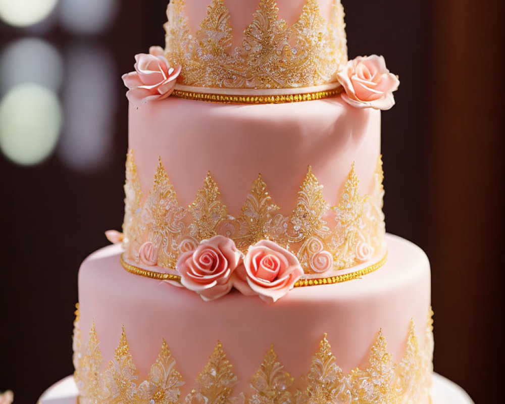 Pink Tiered Cake with Gold Lace Patterns and Pink Roses on Dark Background