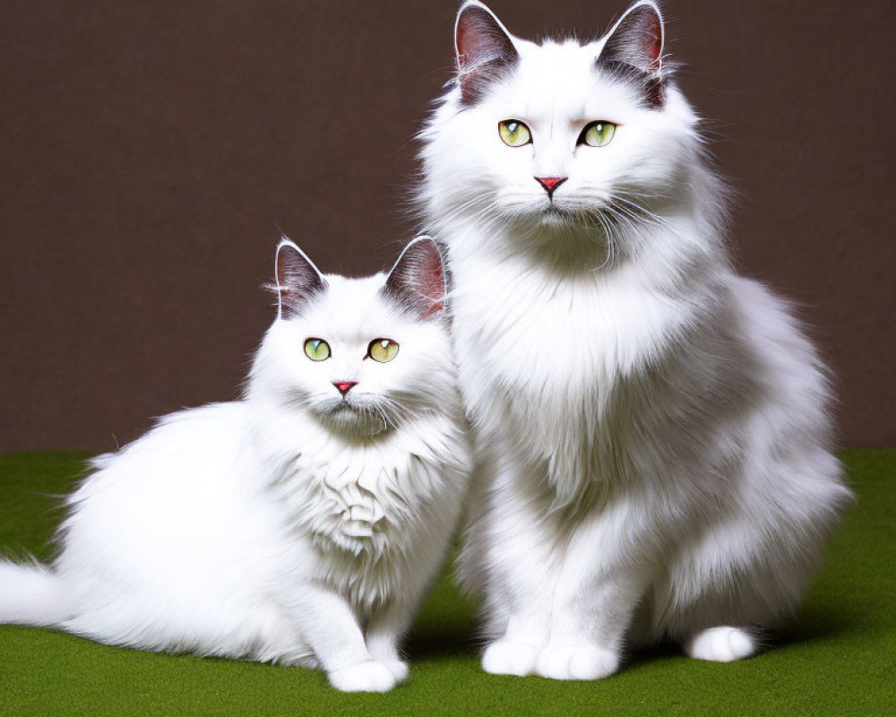 Two White Fluffy Cats with Green Eyes on Green Surface Against Brown Background