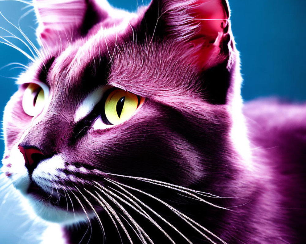 Purple-Tinted Cat with Yellow Eyes on Blue Background