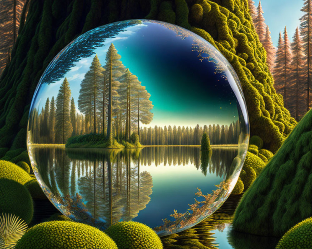 Surreal landscape: Trees reflected in lake within transparent sphere
