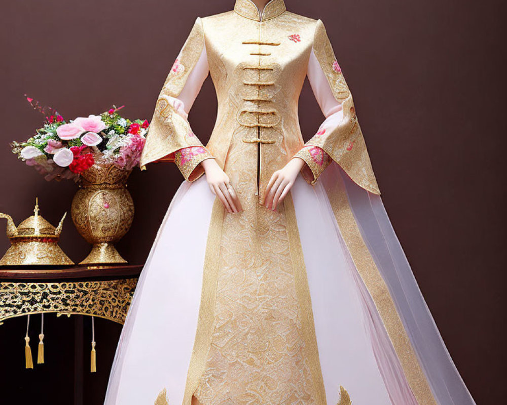 Traditional Chinese dress with golden embroidery and sheer cape next to vase and teapot.