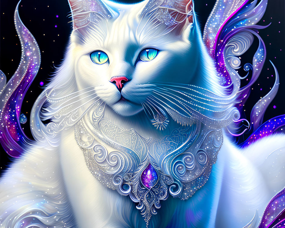 Majestic white cat with blue eyes in silver jewelry, set against swirling purple patterns on starry
