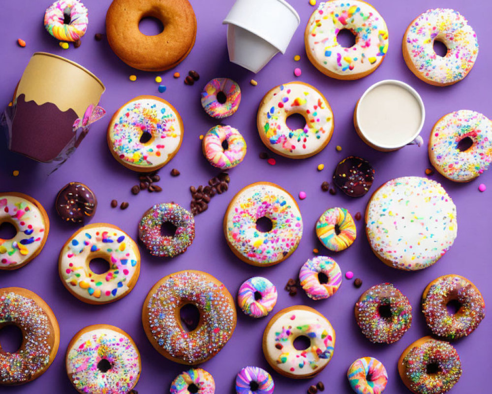 Colorful Sprinkle Donuts, Milk, Coffee Beans, and Cup on Purple Background
